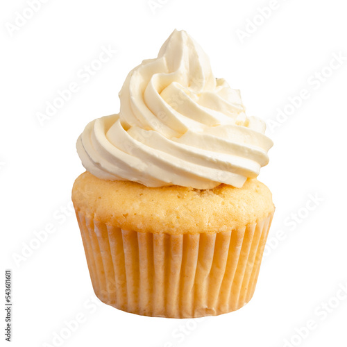 Vanilla Cupcake with Vanilla Frosting On a Transparent Background: Side view of a vanilla cupcake with icing and a white paper wrapper
