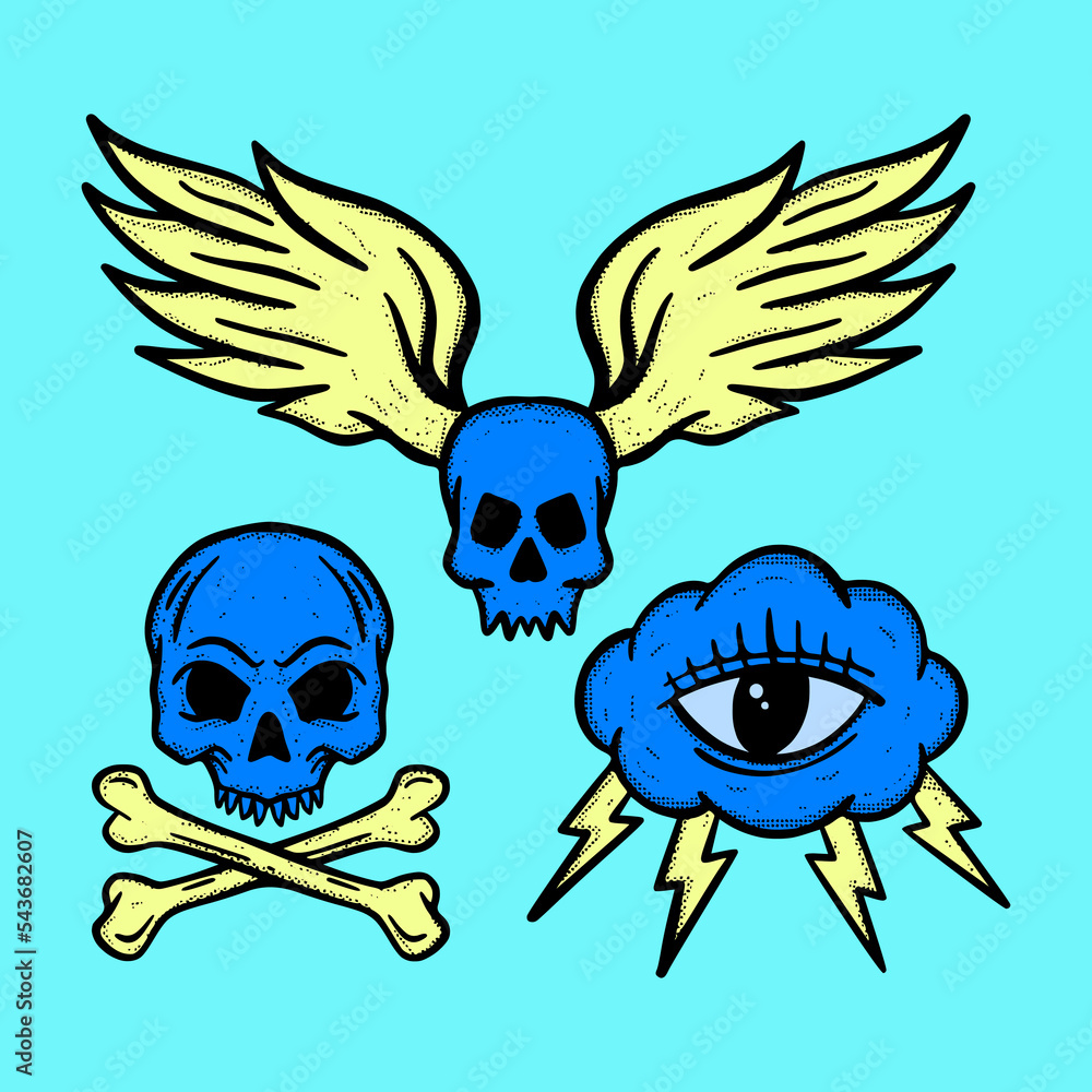 Fototapeta premium Collection set blue skull Illustration hand drawn sketch colorful for tattoo, stickers, etc