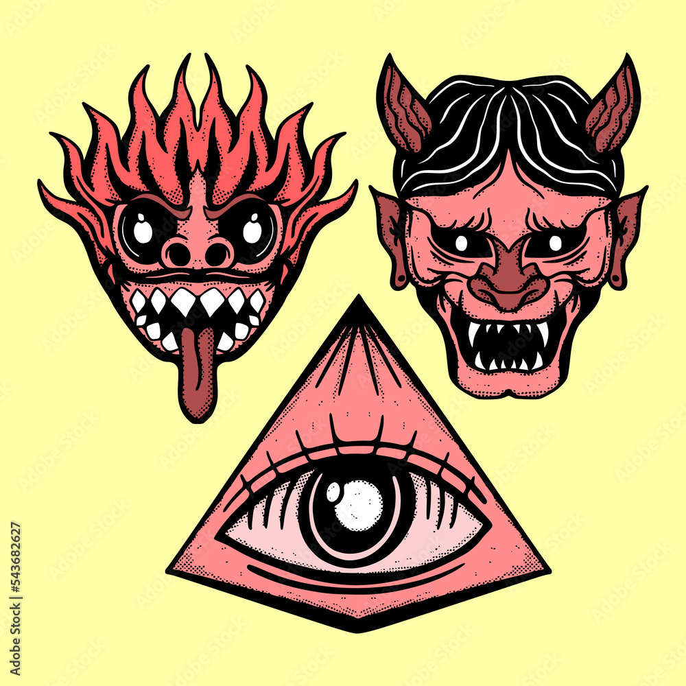 Collection set red devil art Illustration hand drawn sketch colorful for tattoo, stickers, etc