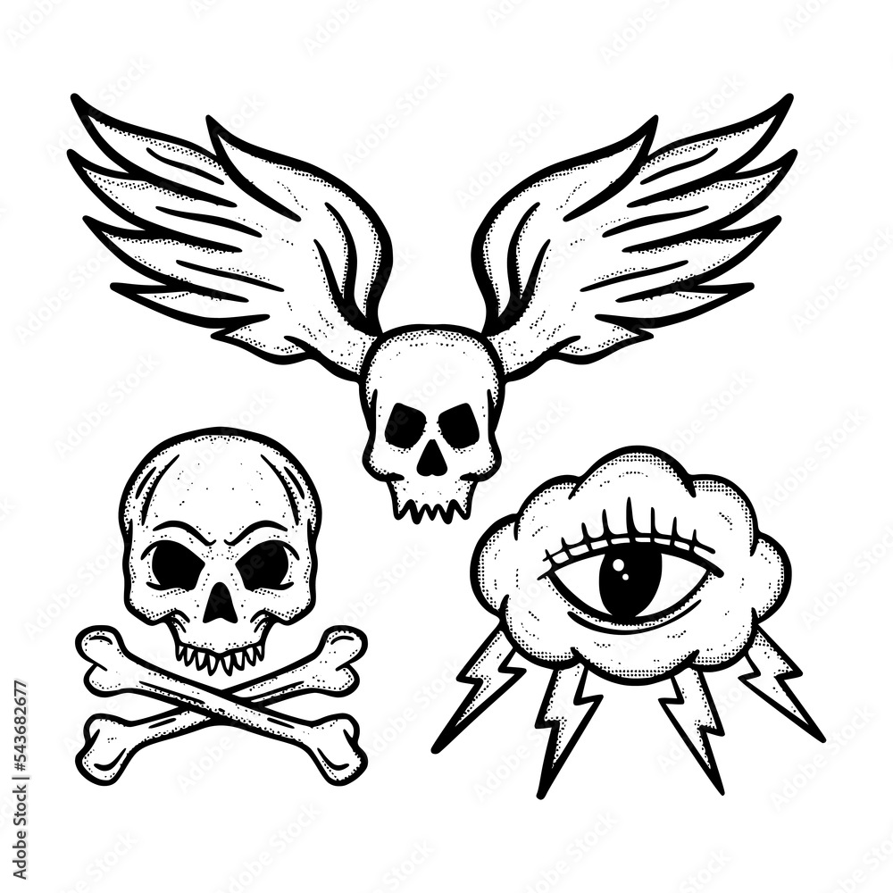 Collection set skull Illustration hand drawn sketch for tattoo, stickers, etc Collection set skull Illustration hand drawn sketch for tattoo, stickers, etc