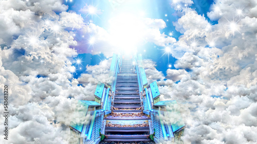 Stairway Through Clouds Leading To Heavenly Light.rendering 3D photo