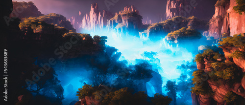 Artistic concept illustration of a canyon in the mist of glowing light, background illustration.