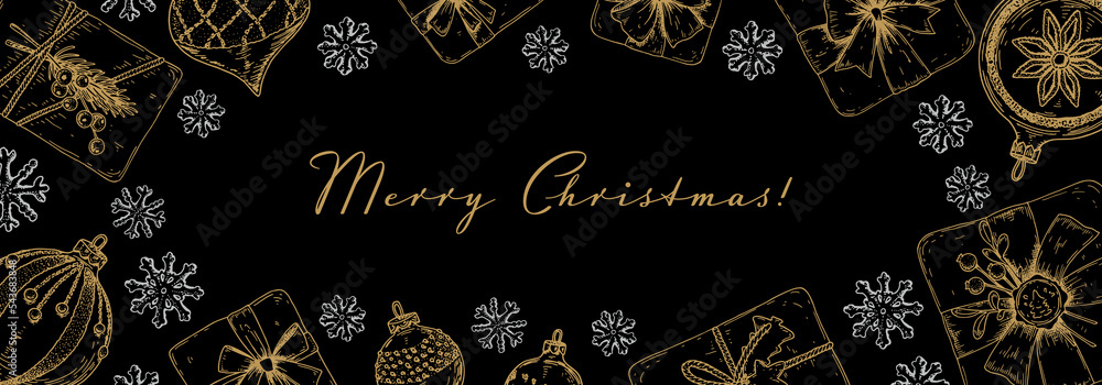 Merry Christmas and Happy New Year horizontal greeting card with hand drawn golden Christmas gift boxes and snowflakes. Vector illustration in sketch style. Holiday festive background Merry Christmas and Happy New Year horizontal greeting card with hand drawn golden Christmas gift boxes and snowflakes. Vector illustration in sketch style. Holiday festive background