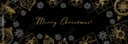 Merry Christmas and Happy New Year horizontal greeting card with hand drawn golden Christmas gift boxes and snowflakes. Vector illustration in sketch style. Holiday festive background