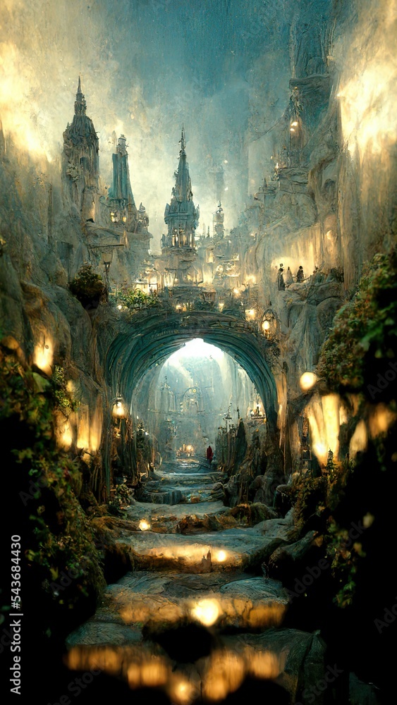 City inside the cave, magical passages and gates, ancient fantasy landscape 