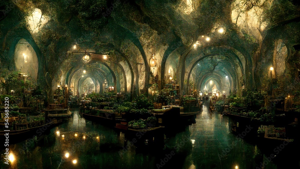 City inside the cave, magical passages and gates, ancient fantasy landscape 