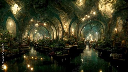 City inside the cave, magical passages and gates, ancient fantasy landscape 