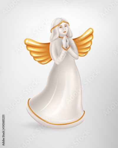 Realistic white ceramic figurine of Christmas Angel. Decoration of a praying Christmas Angel with golden wings. Vector illustration. Element for New Years Design