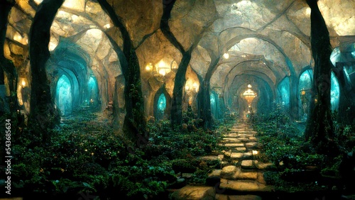 City inside the cave  magical passages and gates  ancient fantasy landscape 