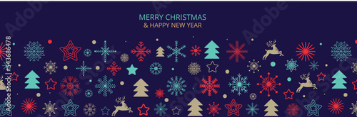 Merry Christmas poster, New Year composition, deer, fir tree, snow, snowflake, star. Happy year.