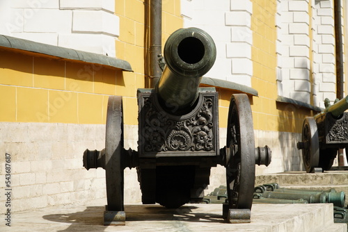 Kremlin, Red Square, Moscow. Russia - August 28, 2022: An old cannon and barrels