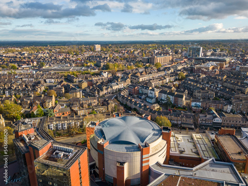 Aerial view of Harrogate Convention Centre and town in North Yorkshire, UK