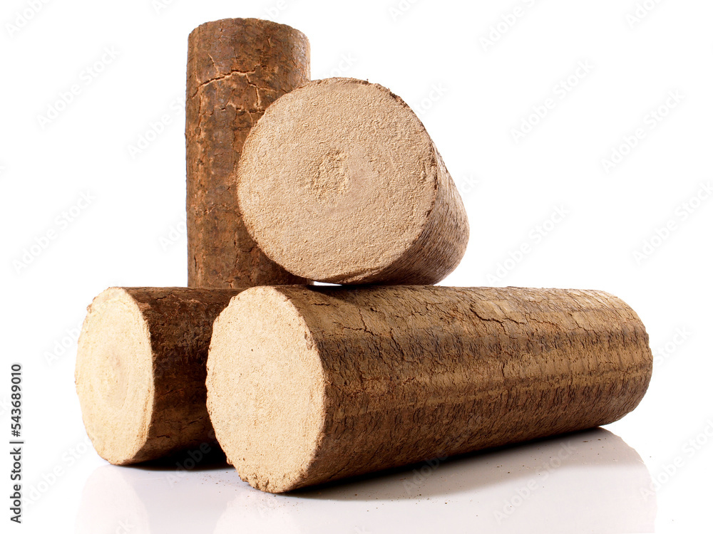 Round Hardwood Sawdust Briquettes - Compressed Biomass Wood Fire Logs  isolated on white Background Stock Photo | Adobe Stock