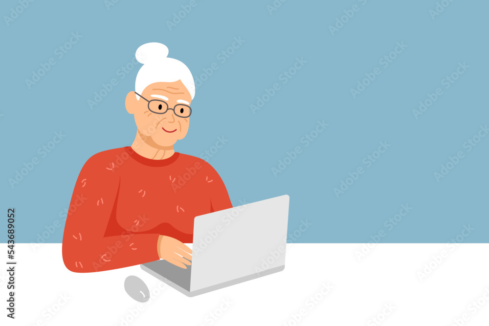 White-haired senior woman, grandmother with laptop and space for text White-haired senior woman, grandmother with laptop and space for text