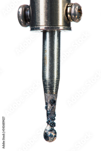 Soldering iron with drop of tin on tip, isolated on white background