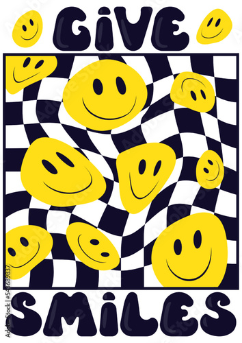 Hippie faces. Abstract surreal poster. Psychedelic checkered pattern. Yellow emoji. Distorted chessboard.with positive slogan. Vintage texture. Vector current background