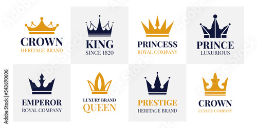 King logotype, queen logo design, crown icons. Modern elegant royal gold and black elements, princess line sign, premium hotel shop or restaurant luxury objects. Vector linear garish symbols