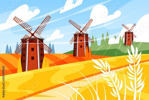Windmill on wheat farm. Scenic flour fields. Dutch wind mill in summer nature landscape. Agriculture building. Grain grinding mechanism. Countryside panorama. Vector garish illustration