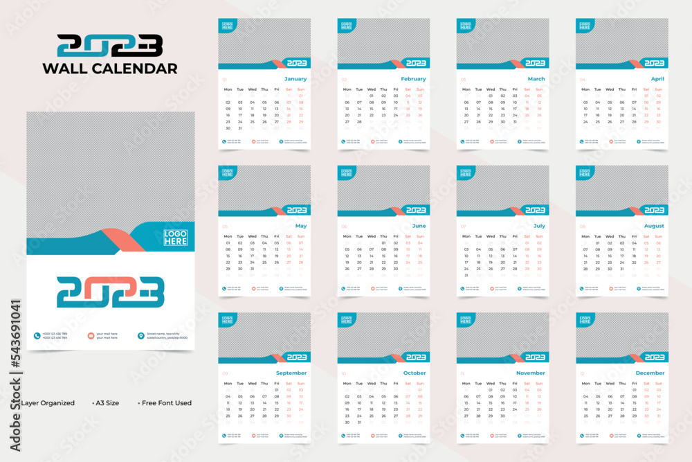 Modern and clean new year 2023 wall calendar design template Modern and clean new year 2023 wall calendar design template