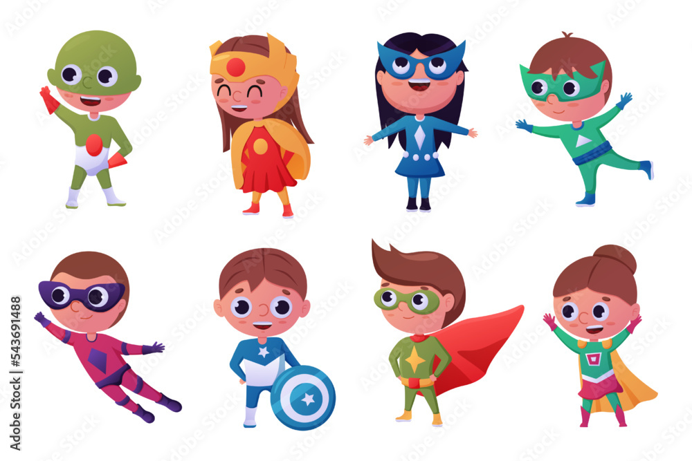 Kid superhero, girl child fly. Little brave super hero in carnival costume, strong boy. Heroic comic party. Justice fighters. Characters in active poses. Vector design recent illustration