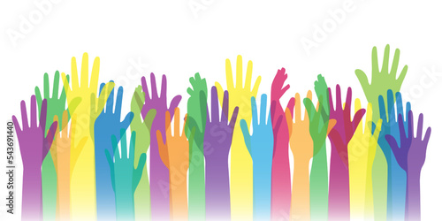 Community tolerance, charity concert, different colors hand silhouette. Fist up public victory association, arm voting, education. Social multicultural group, web banner, vector graphic utter
