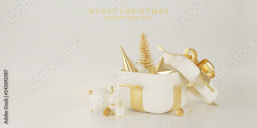 3D Christmas Banner and New Year background.Luxury Style and Golden gifts box. Balls hanging on ribbon. Tree, Ribbon, Cherry, Candle, Pine Cones, Gift boxes.