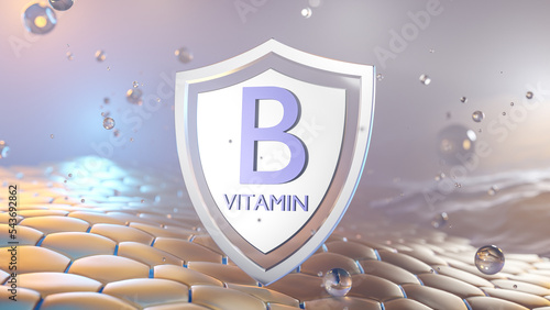 vitamin b symbol on a shield with air bubbles and liquid drops. 3d rendering on an abstract grid of hexagons