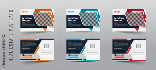 Corporate Real estate postcard template design in vector, real estate agency postcard design with creative shapes