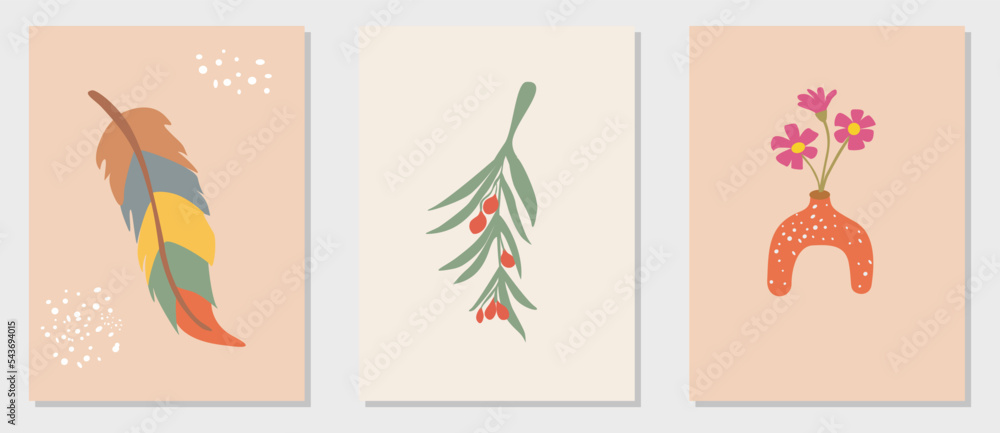 A vector set of illustrations of flowers, cherries, quills, artistic vases, in soft and aesthetic colors, isolated in a frame. Suitable for wallpaper, wall decoration, room and living room decoration.