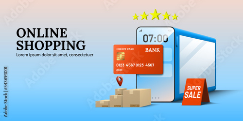Online shopping smartphone store with location map pin credit card parcel boxes and stars