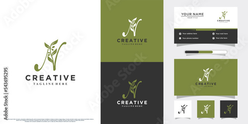 Monogram initial n and olive logo design with unique concept and business card photo