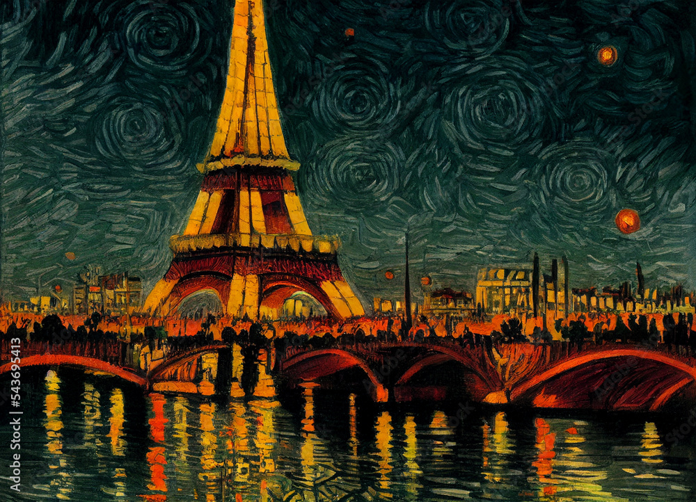  Eiffel Tower , Christmas, Paris in style of Van Gogh, digital art, card