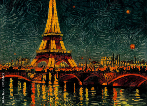  Eiffel Tower , Christmas, Paris in style of Van Gogh, digital art, card