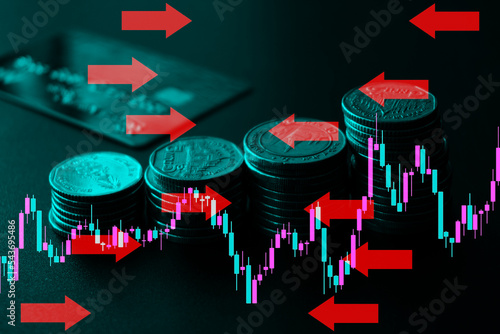 Stack of coin and money with trading graph, financial investment concept for background
