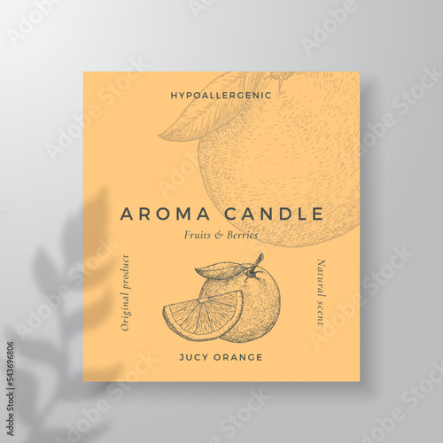 Aroma candle vector label template. Orange citrus scent from local purveyors advert design Ink style sketch background layout decor Natural smell product package text space