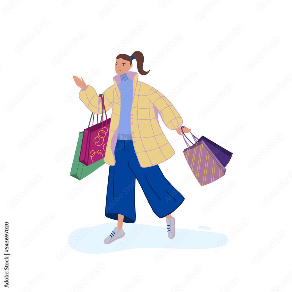 Happy young woman walking and carrying shopping bags with Christmas gifts. Girl with New Year presents for winter holidays. Flat vector illustration Isolated