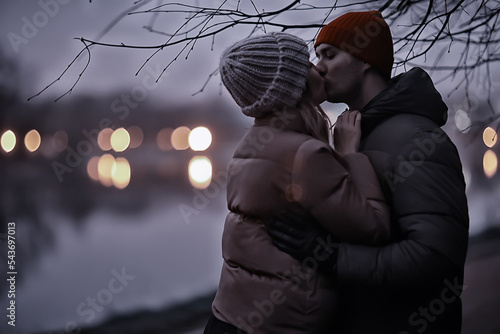 Photography couple in love in moscow night winter, young family evening in winter moscow, au