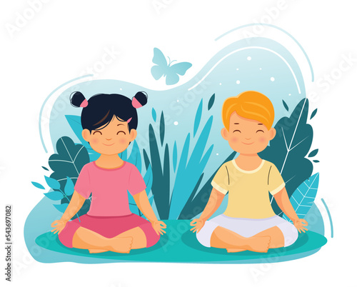 Yoga with children.Boy and girl sit in the lotus position.Vector illustration.Flat style.