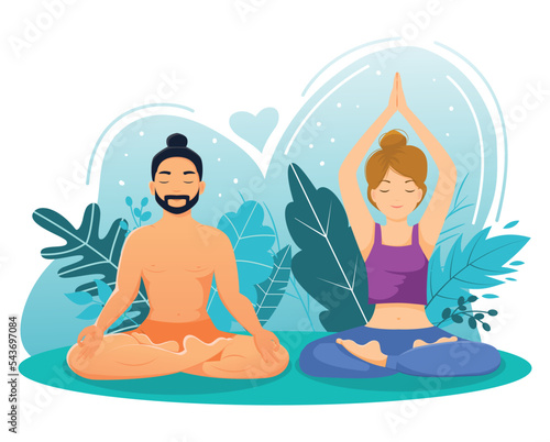 Man and woman meditate together. couple yoga. Vector illustration.Flat style.
