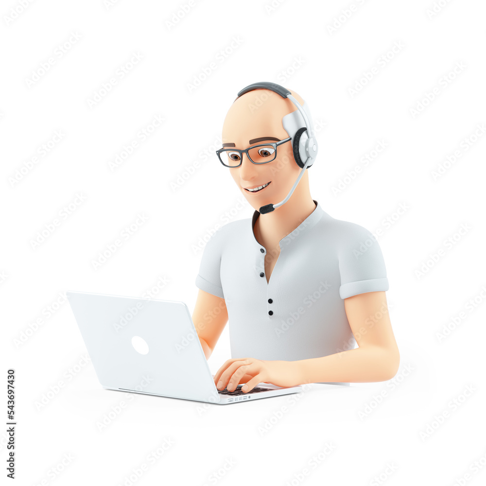 3d senior man with headset working on laptop 3d senior man with headset working on laptop