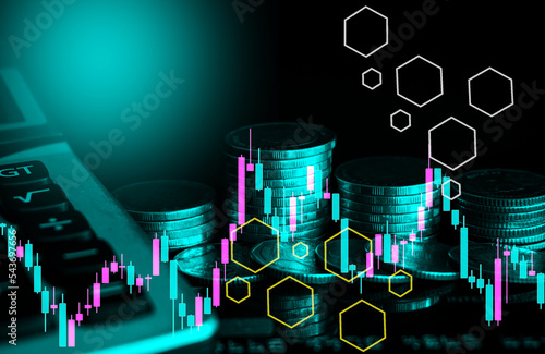 Stack of coin and money with trading graph, financial investment concept for background