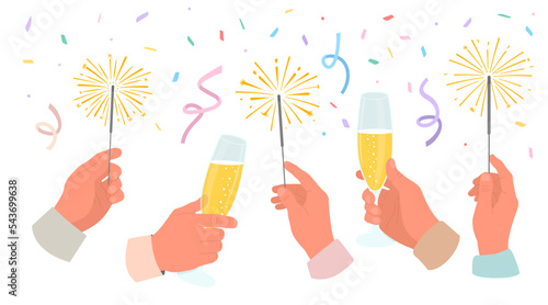 Human hands holding glasses of champagne and sparklers. Happy people celebrating holiday with colorful confetti. Birthday, New Year or Christmas party. Flat vector illustration.