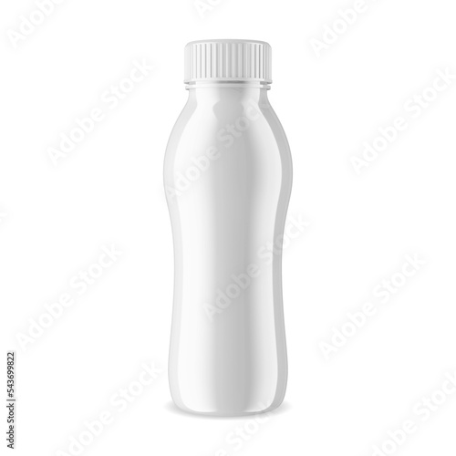 Plastic yogurt bottle isolated vector blank. Sport drink container, liquid food beverage 3d design. Realistic glossy bottle with different fruit flavour yoghurt, mockup for logo and label