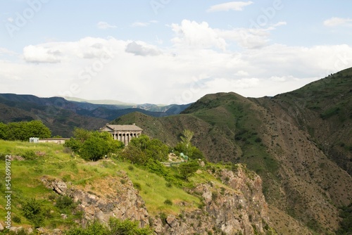 Aerial view of the historic Garni Temple in the rural mountains of Garni, Kotayk, Armenia photo