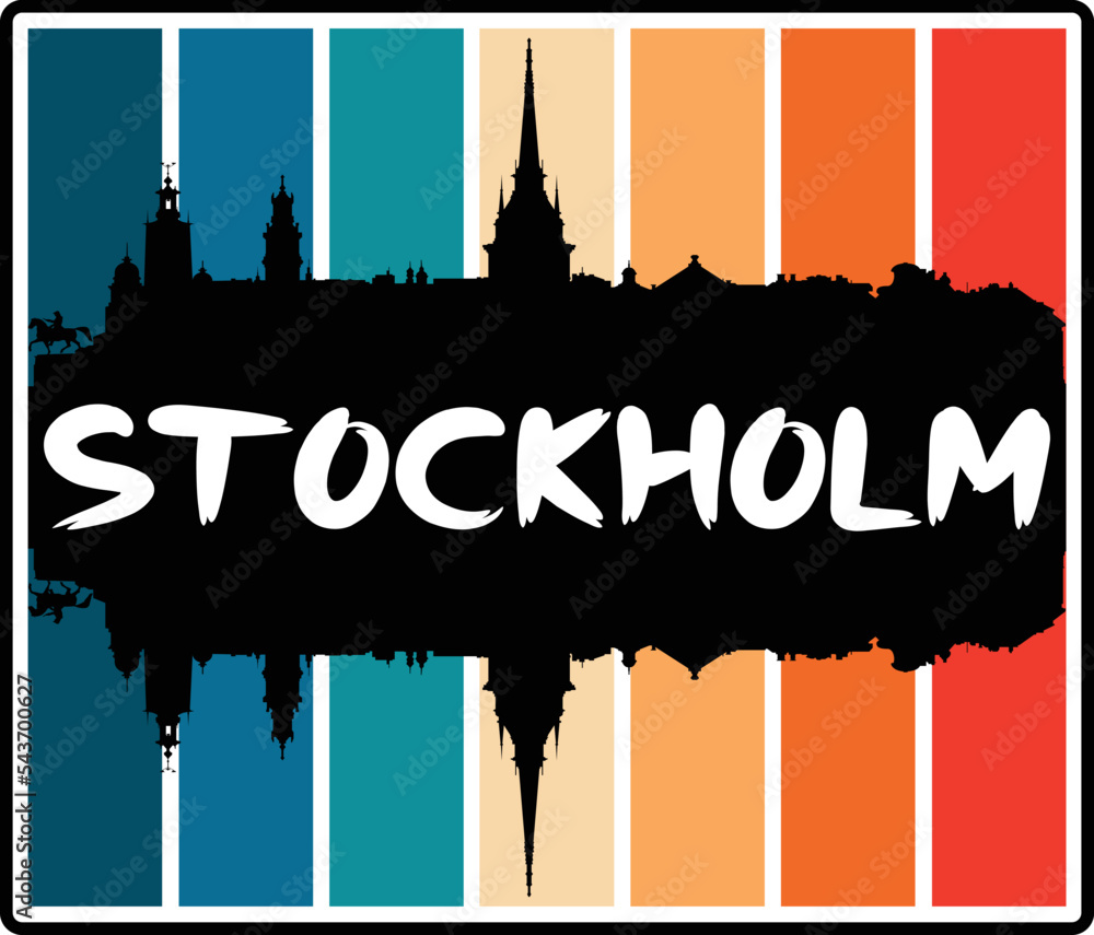 Stockholm Sweden Skyline Sunset Travel Souvenir Sticker Logo Badge Stamp Emblem Coat of Arms Vector Illustration EPS