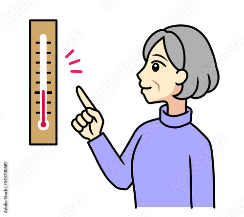 senior woman checking temperature with thermometer