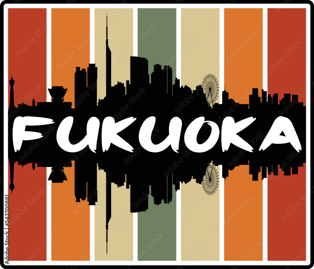 Fukuoka Japan Skyline Sunset Travel Souvenir Sticker Logo Badge Stamp Emblem Coat of Arms Vector Illustration EPS
