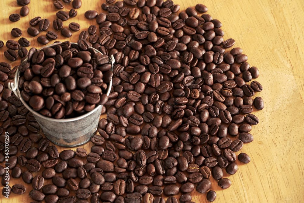 coffee beans on wood table. coffee seed coffee beans on wood table. coffee seed
