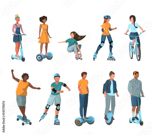 Set with people riding personal transport. Scooter, bike, motorcycle, roller skates, monocycle. Isolated on white background. Vector illustration. 