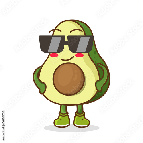 Vector mascot, cartoon and illustration of a glasses avocado. Avocado Fruit cartoon mascot character wearing black glasses